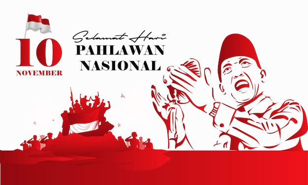 Vettore bandiera dell'illustrazione del giorno degli eroi nazionali indonesiani felici di selamat hari pahlawan nasional