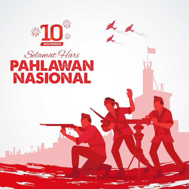 Selamat hari pahlawan nasional. перевод: с днем индонезийских национальных героев. иллюстрация для поздравительной открытки