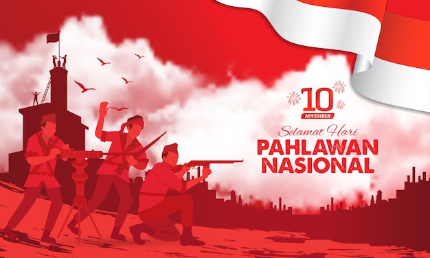 Selamat hari pahlawan nasional. перевод: с днем индонезийских национальных героев. иллюстрация для поздравительной открытки