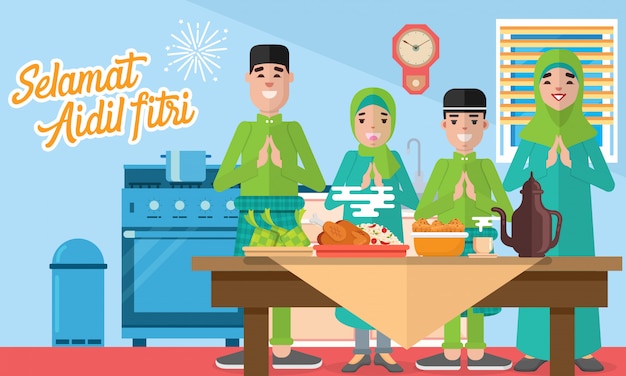 Selamat hari raya aidil fitri greeting card in flat style   illustration with moslem family feasts, plentiful food, desserts and rice dumpling/ketupat