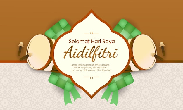Selamat hari raya aidilfitri-ontwerp met eenvoudige elegante bedug en ketupat voor begroeting