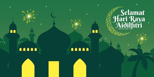 Selamat Hari Raya Aidilfitri vector illustration with traditional malay mosque