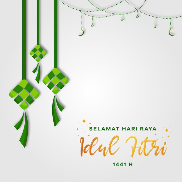 Cartolina d'auguri di selamat hari raya idul fitri (eid mubarak). ketupat con falce di luna e stelle