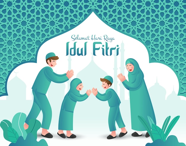 Vector selamat hari raya idul fitri is another language of happy eid mubarak in indonesian cartoon muslim