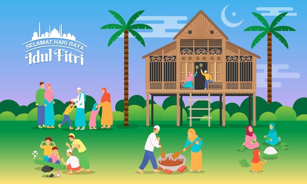 Vettore selamat hari raya idul fitri è un'altra lingua del felice eid mubarak in indonesiano biglietto di auguri con attività variante dei popoli musulmani che celebrano l'eid alfitr nel villaggioadha 21
