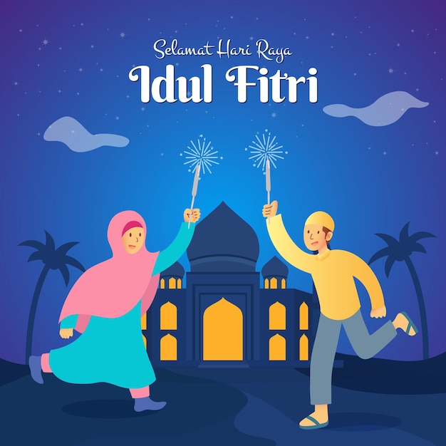 Vettore selamat hari raya idul fitri è un'altra lingua di felice eid mubarak nei bambini indonesiani in abiti musulmani che saltano e giocano con il petardo celebrando eid mubarak nella notte