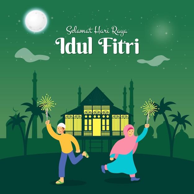 Selamat hari raya idul fitri is another language of happy eid mubarak in indonesian kids in muslim clothes jumping and playing with firecracker celebrating eid mubarak in the village