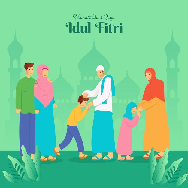 Vector selamat hari raya idul fitri is another language of happy eid mubarak in indonesian muslim family blessing eid mubarak to grandparents on green background