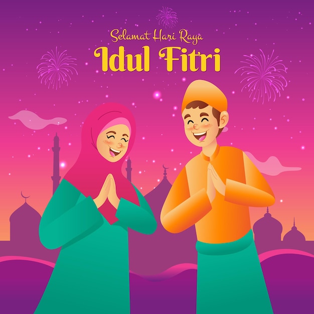 Selamat hari raya idul fitri は、インドネシア語で幸せなイード ムバラクの別の言語です。背景にモスクで eid al fitr を祝福する漫画のイスラム教徒の子供たち