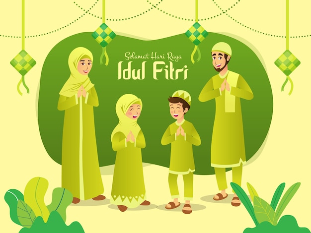 Selamat hari raya idul fitri is een andere taal van happy eid mubarak in het indonesisch. cartoon moslim familie vieren eid al fitr