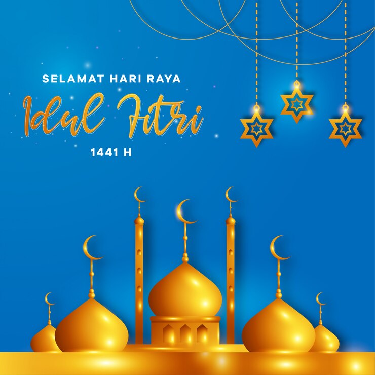 Vector selamat hari raya idul fitri means happy eid mubarak in indonesian, for eid and ramadan mubarak greeting card design with stars lantern and mosque, invitation for muslim community.