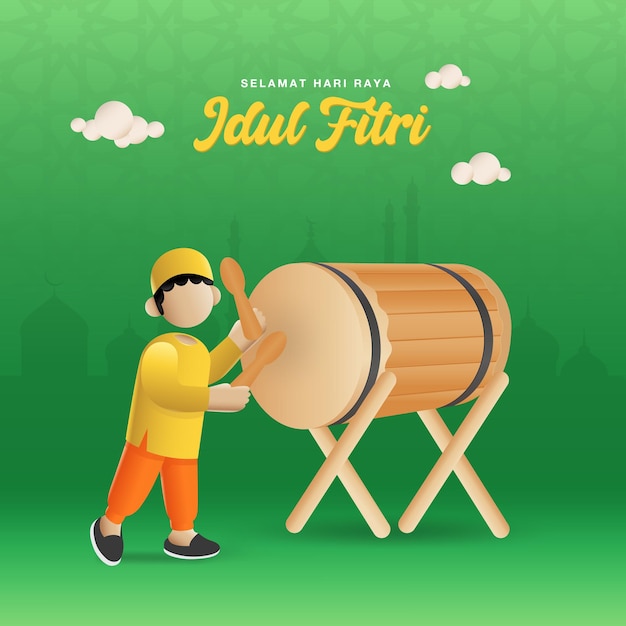 Vector selamat hari raya idul fitri translates to eid al fitr mubarak cartoon of cute a boy playing islamic drum