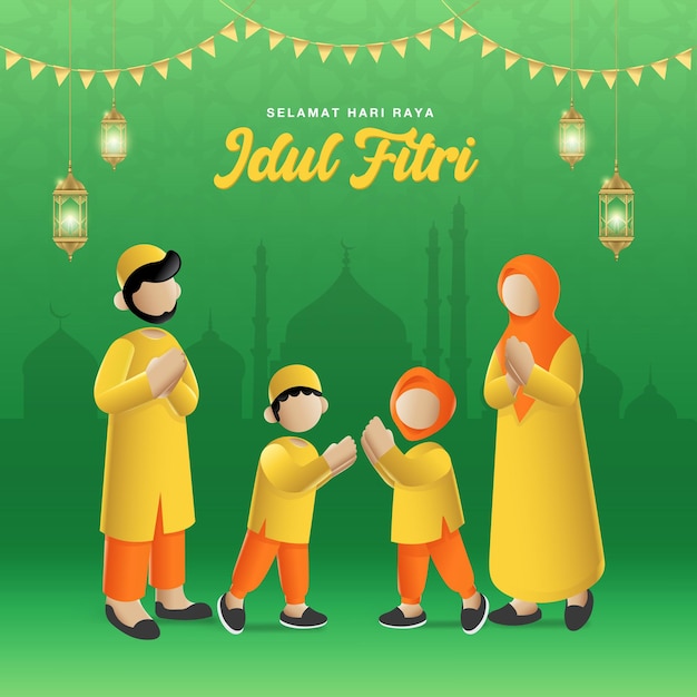 Selamat Hari Raya Idul Fitri는 Eid Al Fitr Mubarak으로 번역됩니다. 만화 이슬람 가족은 녹색 배경에 Eid Al Fitr를 축복합니다.