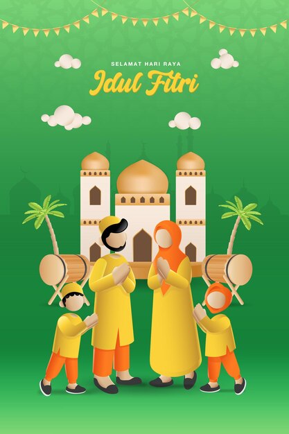 Selamat Hari Raya Idul Fitri Vertaalt Naar Eid Al Fitr Mubarak Moslim Paar  Zegen Eid Al Fitr Met Islamitische Trommel Op Achtergrond | Premium Vector