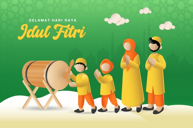 Selamat hari raya Idul Fitri vertaalt naar Eid al fitr mubarak moslimfamilie die Eid al fitr viert met een jongen die islamitische trommel speelt