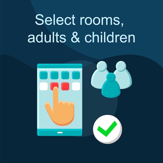 Select rooms flat concept vector icon. travel planning idea cartoon color illustrations set. number of guests. amenities, extra services. online booking, reservation. isolated graphic design element