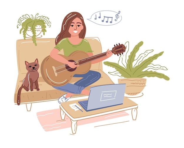Selectieve focus van jong meisje dat akoestische gitaar speelt in de buurt van laptop