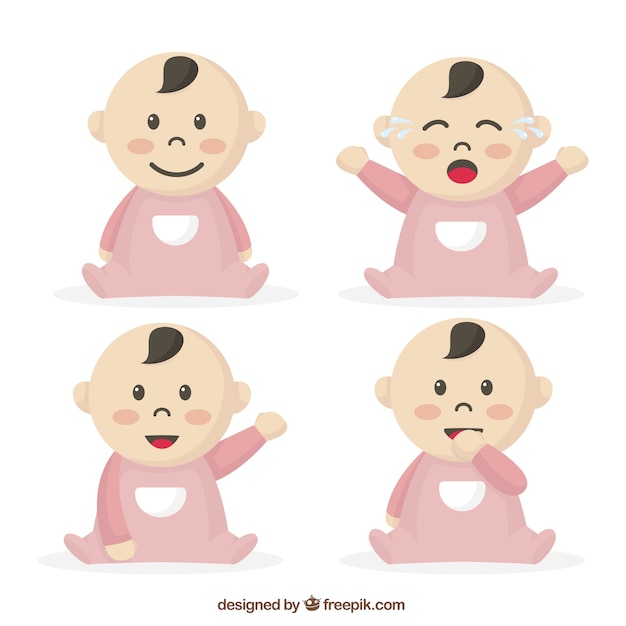 Selezione del bambino con il pigiama rosa in diverse posture