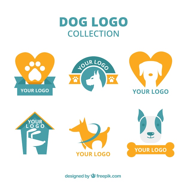 Selection of blue and orange dog logos in flat design