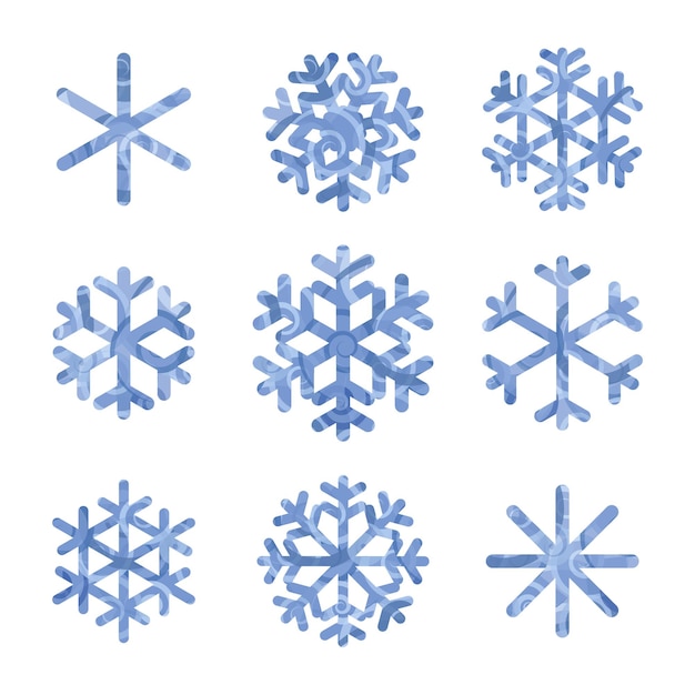 Selection of blue patterned snowflakes on a white background