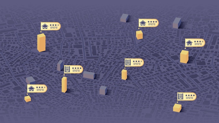Vector selection buildings houses offices for rent or purchase navigate isometric city map exploring nearby