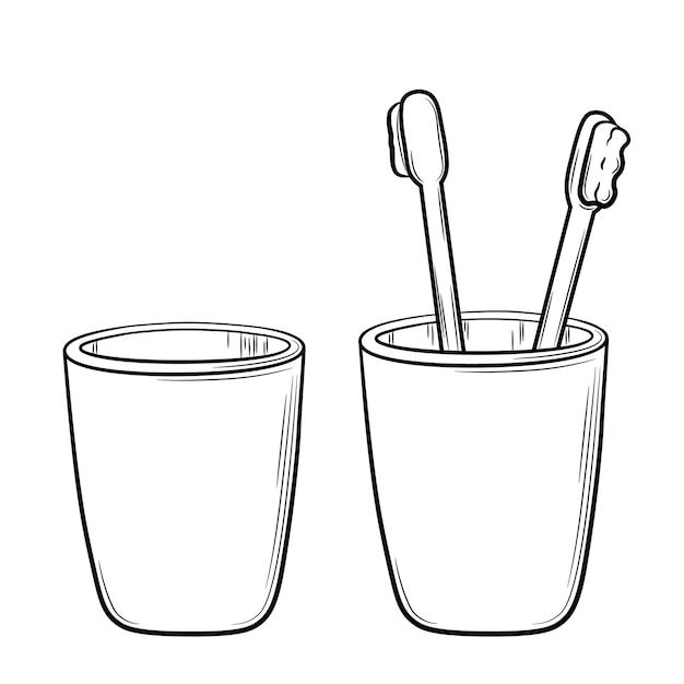 A selection of an empty glass and a set of toothbrushes for the family. black line art in hand drawn