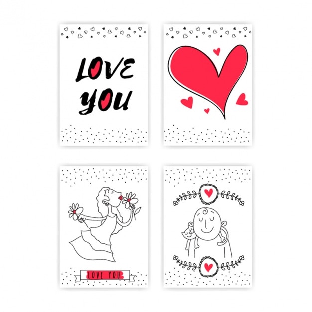 Selection of four love cards with red details