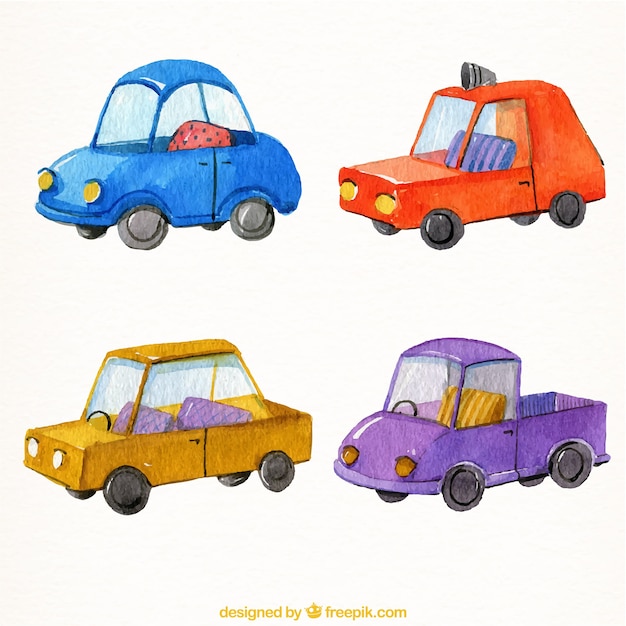 Selection of four vehicles in watercolor style