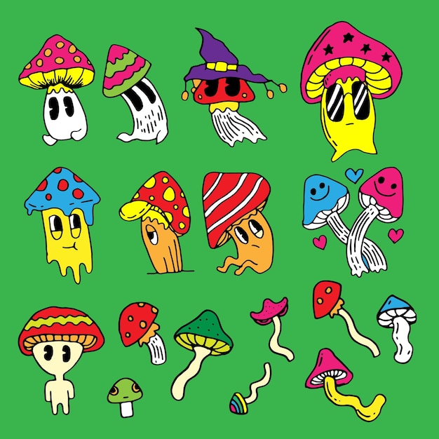 Selection of hand-drawn cartoon mushrooms