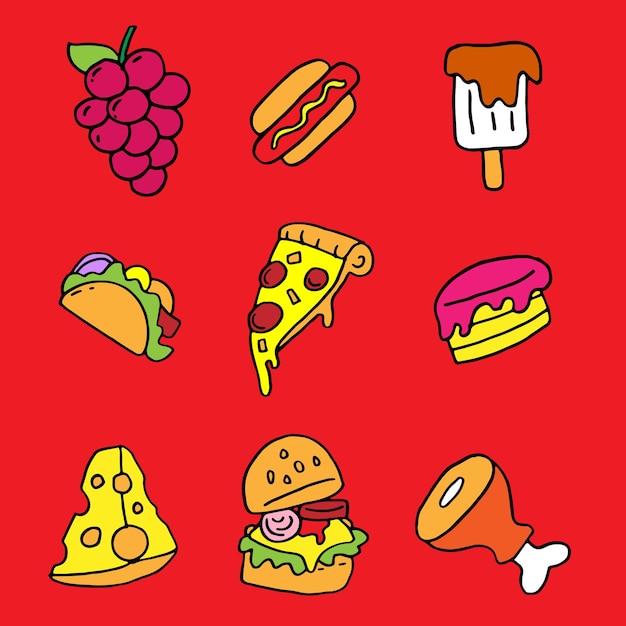 Selection of hand-drawn delicious fast foods