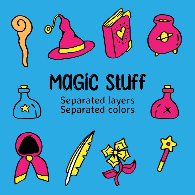 Vettore selezione di oggetti magici disegnati a mano