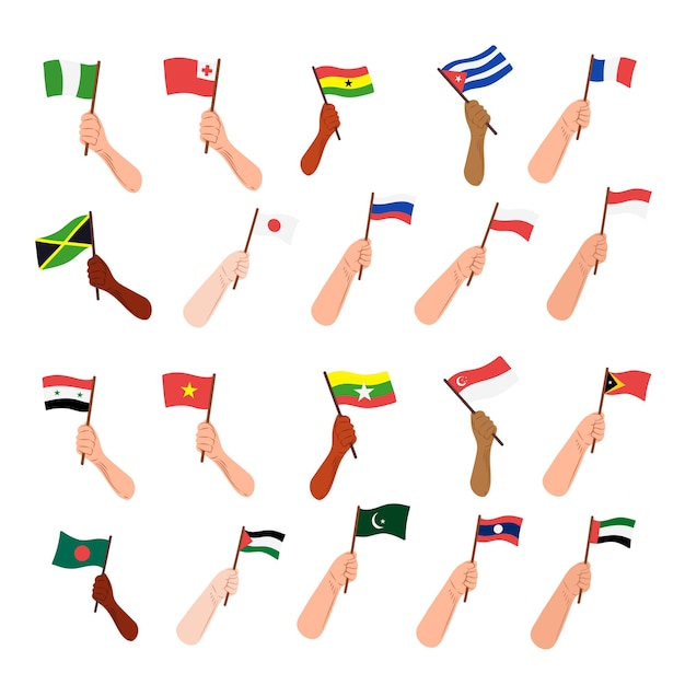 Selection hand hold flag from any country doodle style