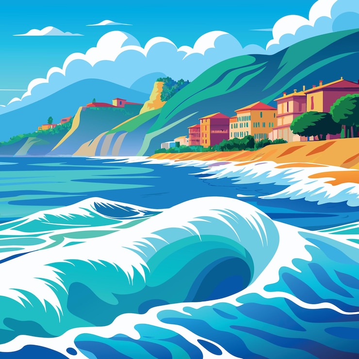 Vector selective focus soft gentle waves with foam in blue ocean italy coast summer vacation as backgroun