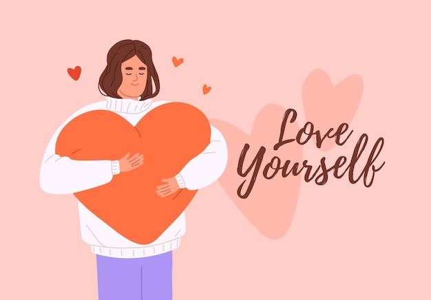 Vector self acceptance concept card happy woman loves herself girl hugs holds big heart in hands generous person shares tenderness affection to oneself fondness to yourself flat vector illustration