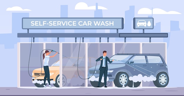 Vector self car wash flat composition with outdoor scenery and view of building with people washing automobiles vector illustration