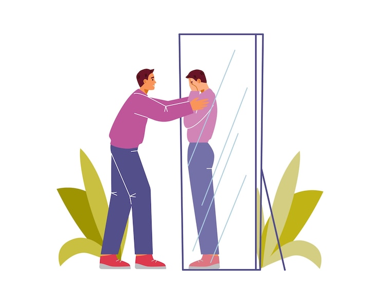 Vector self care and acceptance concept man supporting himself hugging his reflection in the mirror
