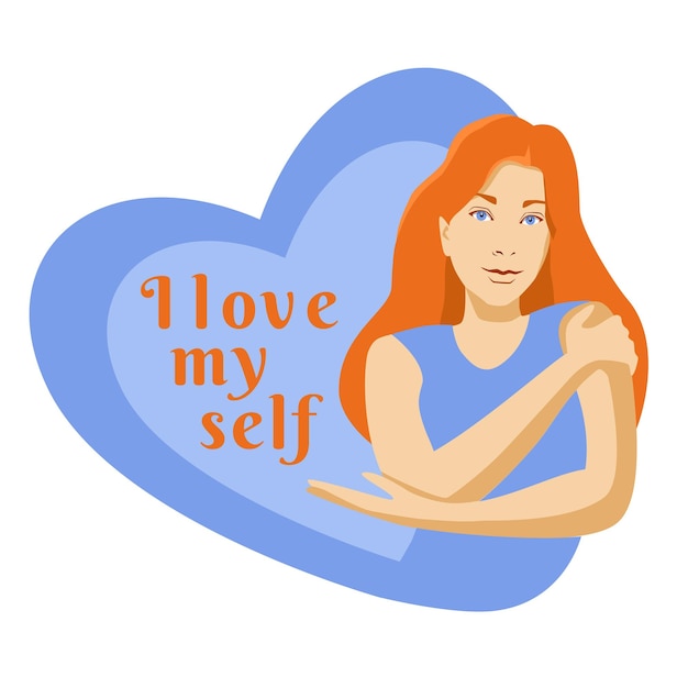 Vector self care cartoon red hair young girl hugging herself with hearts on background