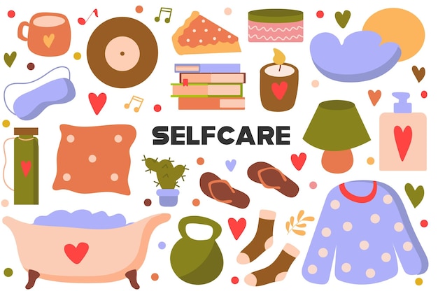 Self care cartoon set This vivid illustration shows the things you need to keep your body beautiful