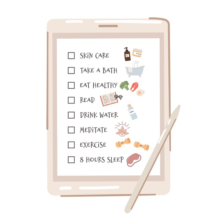 Vector self-care checklist and routine to do ideas on a tablet. includes relaxing, exercising, eating well, health, happiness, motivation, skin care, reading, sleeping.