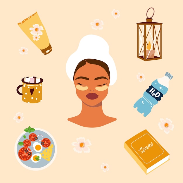 Vector self care concept set. morning home routine of a woman- healthy food, reading, skincare. morning