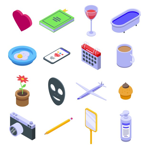 Vector self-care icons set, isometric style