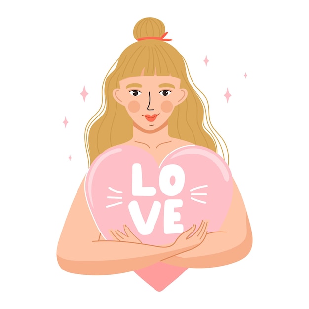 Vector self care self acceptance love yourself concept cute girl hugging big heart