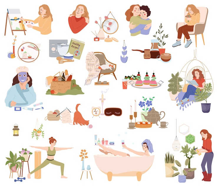 Vector self care set with hobby and relax symbols flat isolated vector illustration