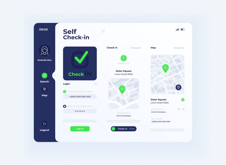 Vector self check in tablet interface template. mobile app page light mode design layout. user account menu screen. flat ui for application. maps with locations marks on portable device display