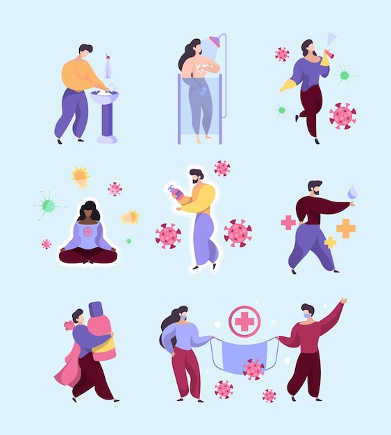 Self cleaning. hygiene protection washing hands sanitizing garish vector flat people. illustration hygiene prevention, clean and protection body