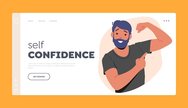 Vector self confidence landing page template confident man perform his muscles and powerful fit body assertive male character