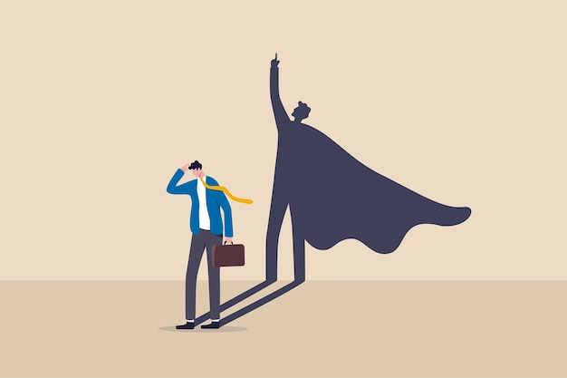 Vector self confidence or leadership to bring full potential and strength, motivation to achieve business success concept, self doubt businessman standing with his skillful power superhero shadow on the wall