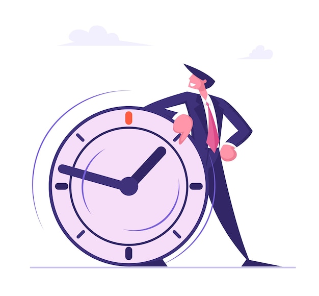 Self confident businessman leaning on huge clock. deadline, time management