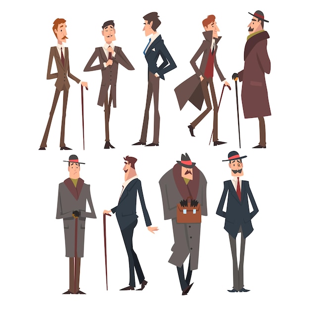 Vector self confident victorian gentlemen characters set rich and successful men in elegant suits vector illustration on white background