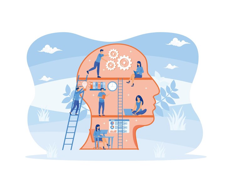 Vector self development profile of human head with people developing mental issues woman starting cognitive wheels male painting picture ladders to success flat vector modern illustration
